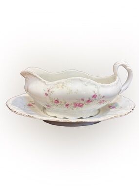Antique Austria Imperial N.D. & Co Gravy Boat & Plate Pink Floral Gold Trim